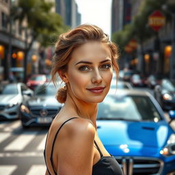 A 34-year-old woman with a gentle appearance, featuring soft brown eyes and a delicate hairstyle, caught in the moment as she crosses a bustling intersection filled with beautiful cars