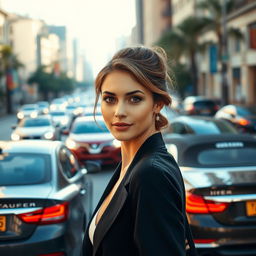A 34-year-old woman with a gentle appearance, featuring soft brown eyes and a delicate hairstyle, caught in the moment as she crosses a bustling intersection filled with beautiful cars