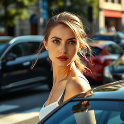 A 34-year-old woman with a gentle appearance, featuring soft brown eyes and a delicate hairstyle, gracefully crossing a busy intersection surrounded by beautiful cars