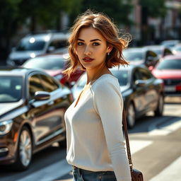 A 34-year-old woman with a gentle appearance, featuring soft brown eyes and a delicate hairstyle, gracefully crossing a busy intersection surrounded by beautiful cars