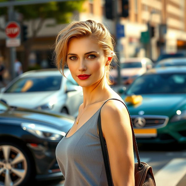 A 34-year-old woman with a gentle appearance, featuring soft brown eyes and a delicate hairstyle, gracefully crossing a busy intersection surrounded by beautiful cars