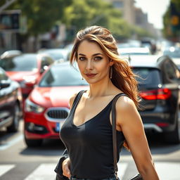 A 34-year-old woman with a gentle appearance, featuring soft brown eyes and a delicate hairstyle, gracefully crossing a busy intersection surrounded by beautiful cars