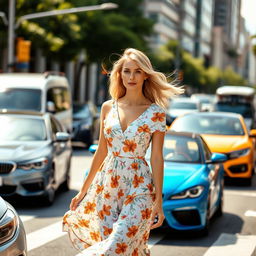 A 35-year-old woman with a soft gaze, dressed in a charming floral print dress, gracefully crossing a busy intersection surrounded by beautiful cars