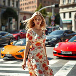 A 35-year-old woman with a soft gaze, dressed in a charming floral print dress, gracefully crossing a busy intersection surrounded by beautiful cars