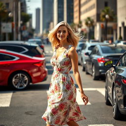 A 35-year-old woman with a soft gaze, dressed in a charming floral print dress, gracefully crossing a busy intersection surrounded by beautiful cars