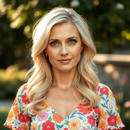 A 35-year-old woman with a soft gaze, wearing a lovely floral print dress
