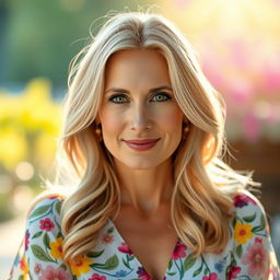 A 35-year-old woman with a soft gaze, wearing a lovely floral print dress