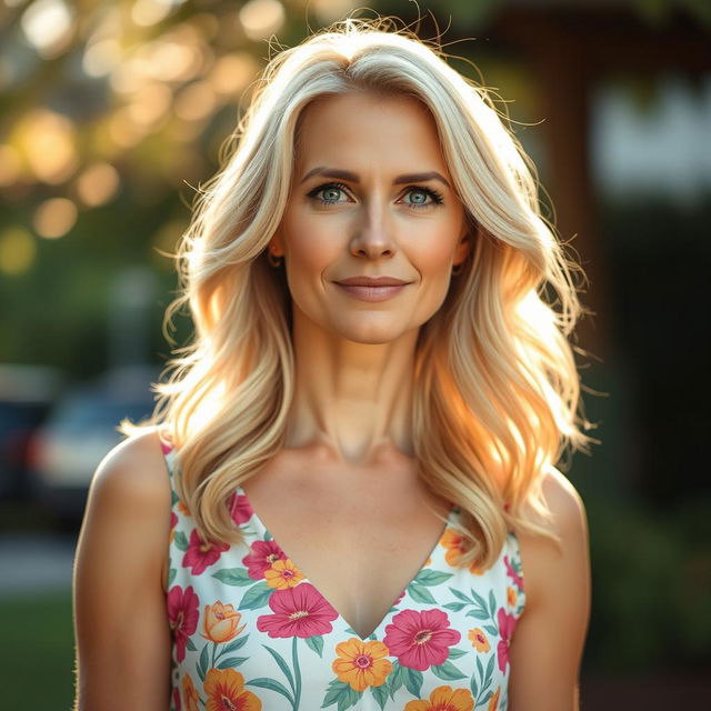 A 35-year-old woman with a soft gaze, wearing a lovely floral print dress