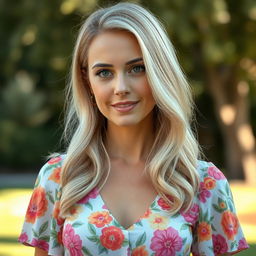 A 35-year-old woman with a soft gaze, wearing a lovely floral print dress