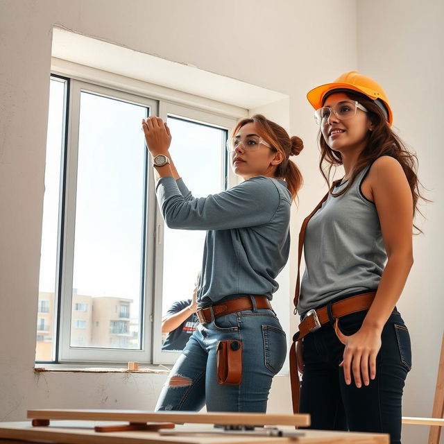 An extremely realistic photo of attractive women in a construction setting, expertly replacing a window
