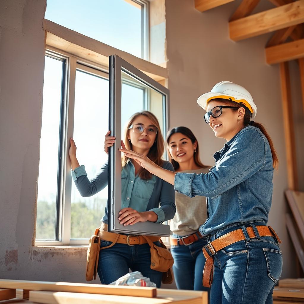 An extremely realistic photo of attractive women in a construction setting, expertly replacing a window