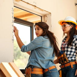 An extremely realistic photo of attractive women in a construction setting, expertly replacing a window