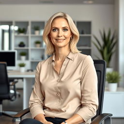 A 34-year-old woman with European features, wearing modest clothing and minimal makeup, seated gracefully in an office chair