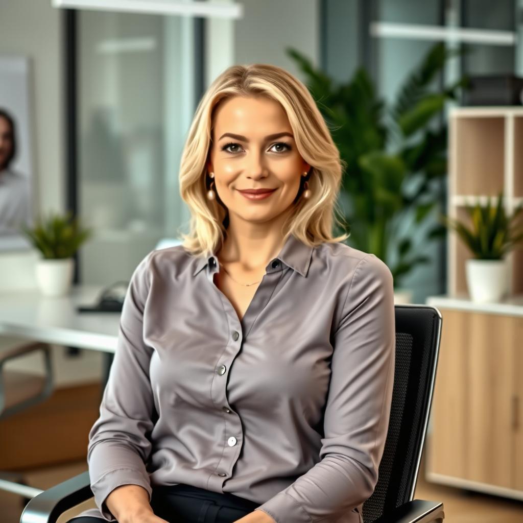 A 34-year-old woman with European features, wearing modest clothing and minimal makeup, seated gracefully in an office chair