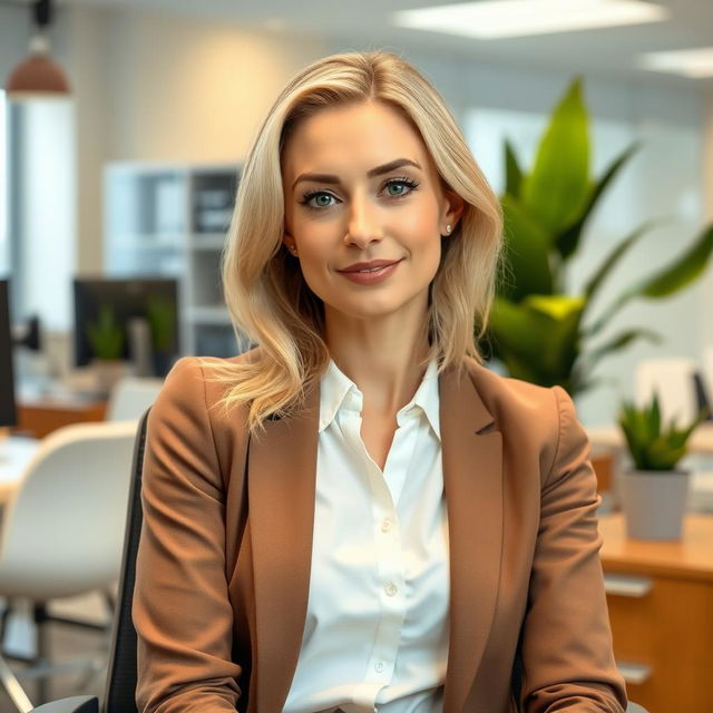 A 34-year-old woman with European features, wearing modest clothing and minimal makeup, seated gracefully in an office chair