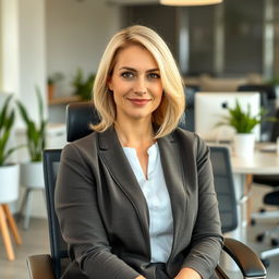 A 34-year-old woman with European features, wearing modest clothing and minimal makeup, seated gracefully in an office chair