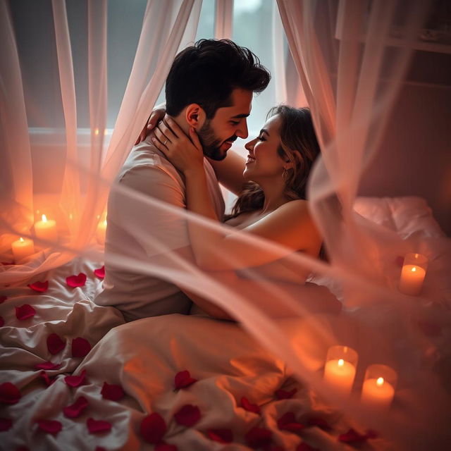 A visually striking representation of intimacy and passion, featuring a couple embraced in a romantic setting, surrounded by soft candlelight that casts a warm glow on their faces