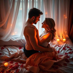 A visually striking representation of intimacy and passion, featuring a couple embraced in a romantic setting, surrounded by soft candlelight that casts a warm glow on their faces
