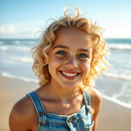 A cheerful teenage girl with curly blonde hair, vibrant green eyes, and peachy thick lips, smiling happily
