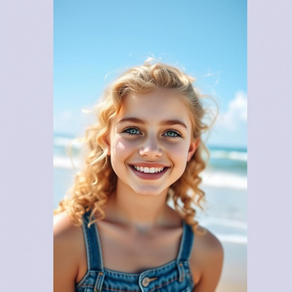 A cheerful teenage girl with curly blonde hair, vibrant green eyes, and peachy thick lips, smiling happily