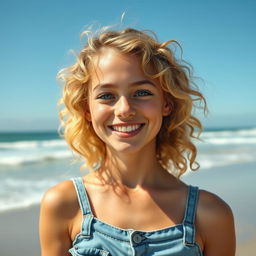 A cheerful teenage girl with curly blonde hair, vibrant green eyes, and peachy thick lips, smiling happily