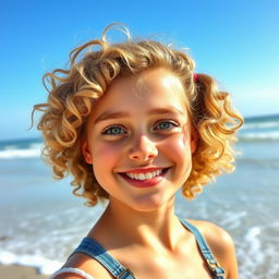 A cheerful teenage girl with curly blonde hair, vibrant green eyes, and peachy thick lips, smiling happily
