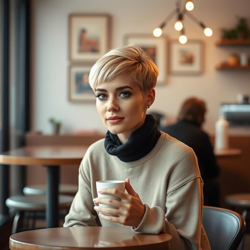 A 33-year-old woman with a short haircut, showcasing her light skin and subtle makeup, sitting at a small table in a cozy coffee shop