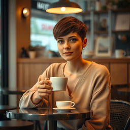 A 33-year-old woman with a short haircut, showcasing her light skin and subtle makeup, sitting at a small table in a cozy coffee shop