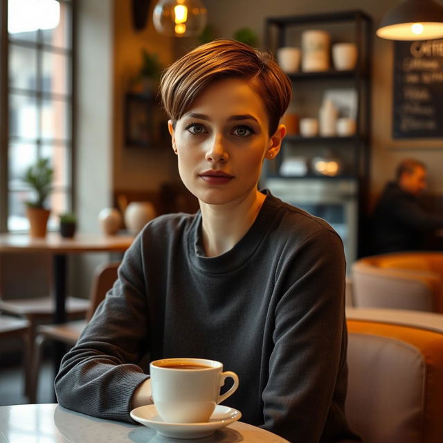 A 33-year-old woman with a short haircut, showcasing her light skin and subtle makeup, sitting at a small table in a cozy coffee shop