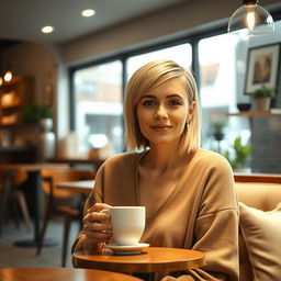 A 33-year-old woman with a short haircut, showcasing her light skin and subtle makeup, sitting at a small table in a cozy coffee shop