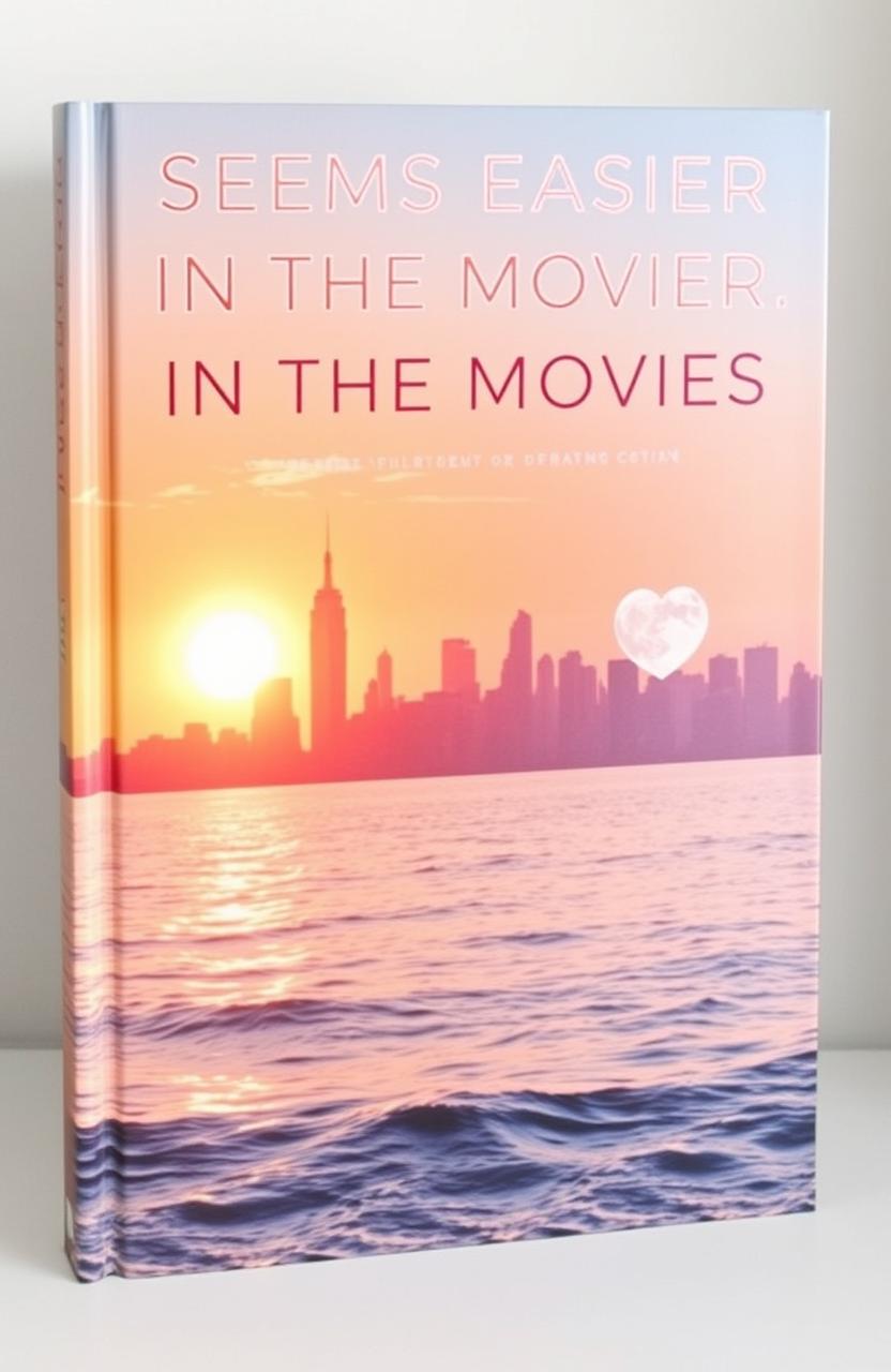 The cover of a book titled "Seems Easier in the Movies", featuring a stunning blend of New York City skyline, a large heart symbol seamlessly integrated into the design, the tranquil sea with gentle waves reflecting the sunlight, and an artistic representation of the sun and moon in a beautiful transition from day to night