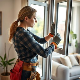 An extremely realistic photo of a female contractor, resembling Amy Raid, replacing a window in a modern home