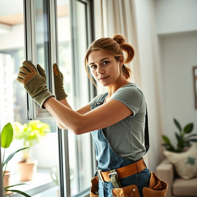 An extremely realistic photo of a female contractor, resembling Amy Raid, replacing a window in a modern home