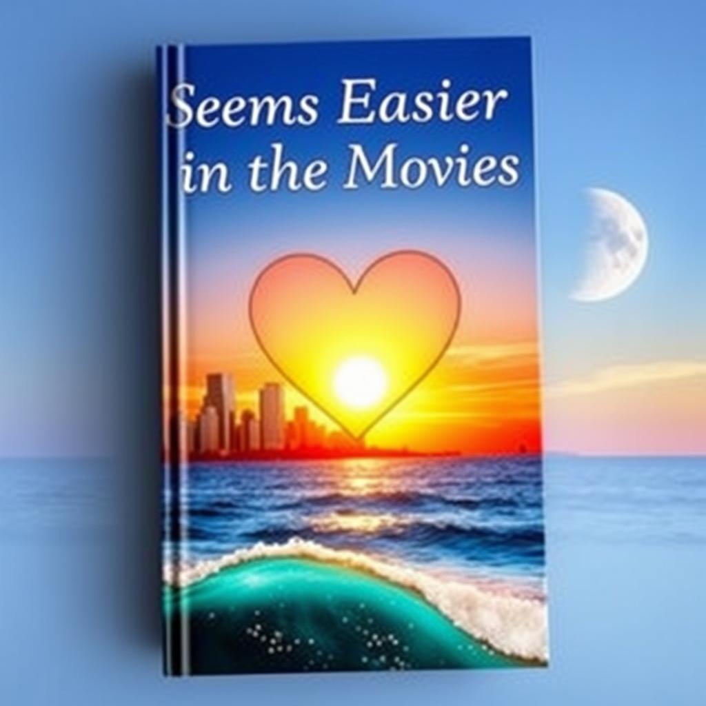 The cover of a book titled "Seems Easier in the Movies", showcasing a captivating composition that includes the iconic skyline of New York City, a prominent heart symbol that conveys emotion and love, the serene sea with gently rolling waves sparkling under light, and a beautiful interplay of the sun and the moon in the sky, illustrating the transition from day to night