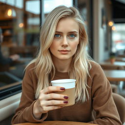 A 27-year-old woman with Russian features, showcasing her light blonde hair and striking blue eyes
