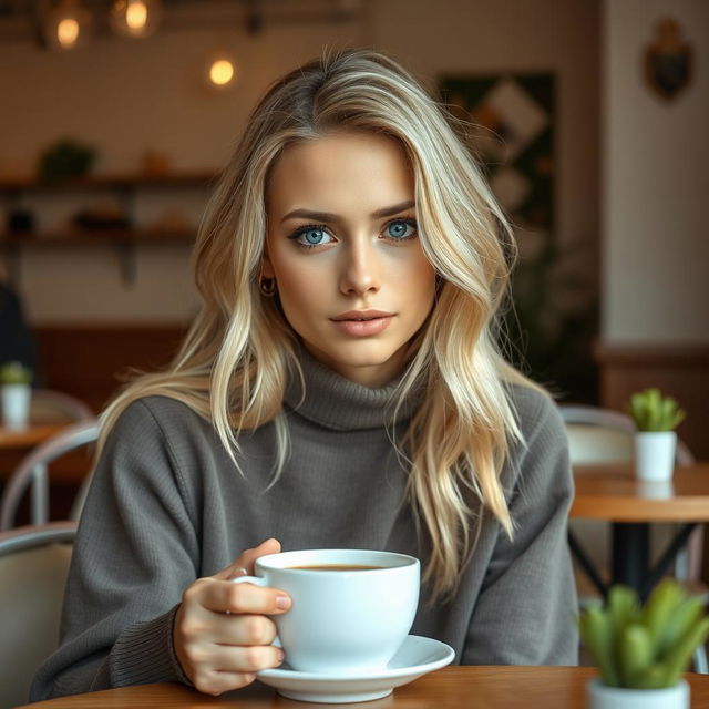 A 27-year-old woman with Russian features, showcasing her light blonde hair and striking blue eyes