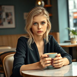 A 27-year-old woman with Russian features, showcasing her light blonde hair and striking blue eyes