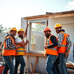 An extremely realistic photo featuring famous adult film stars working together on a construction site, replacing a window