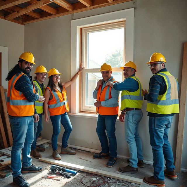 An extremely realistic photo featuring famous adult film stars working together on a construction site, replacing a window