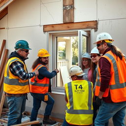 An extremely realistic photo featuring famous adult film stars working together on a construction site, replacing a window