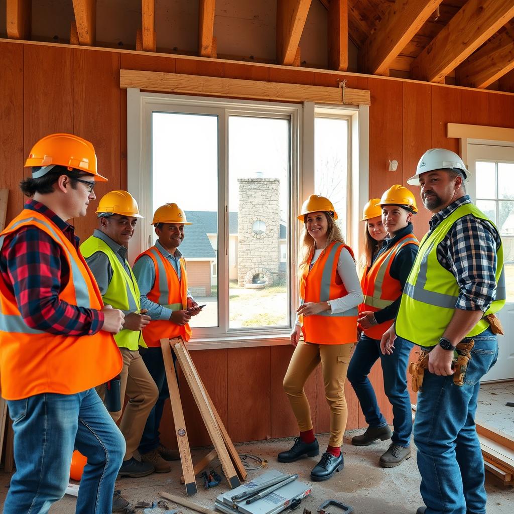 An extremely realistic photo featuring famous adult film stars working together on a construction site, replacing a window