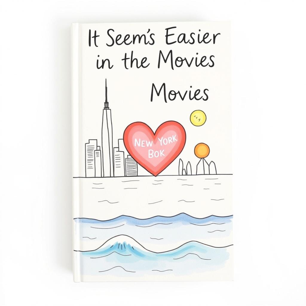 The cover of a book titled "It Seems Easier in the Movies", featuring a hand-drawn illustration that beautifully incorporates the iconic skyline of New York City, a large heart symbol representing love or nostalgia, the calming sea depicted with gentle waves, and an artistic rendering of the sun and moon in a harmonious scene that transitions from day to night