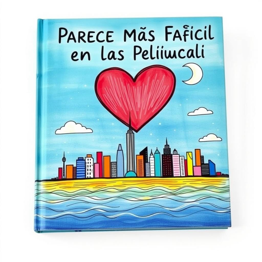 The cover of a book titled "Parece Más Fácil en las Películas", featuring a charming hand-drawn illustration that prominently showcases the iconic skyline of New York City