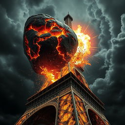 A massive asteroid, glowing with fiery cracks and molten veins, collides with the upper section of the Eiffel Tower at a dramatic angle