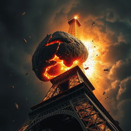 A massive asteroid, glowing with fiery cracks and molten veins, collides with the upper section of the Eiffel Tower at a dramatic angle