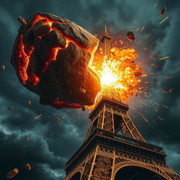 A massive asteroid, glowing with fiery cracks and molten veins, collides with the upper section of the Eiffel Tower at a dramatic angle