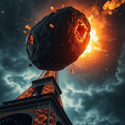 A massive asteroid, glowing with fiery cracks and molten veins, collides with the upper section of the Eiffel Tower at a dramatic angle