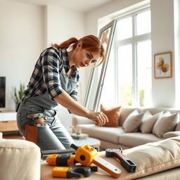 An extremely realistic photo of a female figure resembling Madison Ivy, a skilled tradeswoman, replacing a window in a bright, modern living room