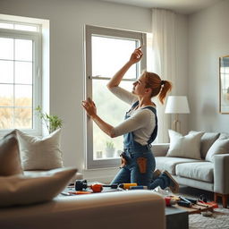 An extremely realistic photo of a female figure resembling Madison Ivy, a skilled tradeswoman, replacing a window in a bright, modern living room