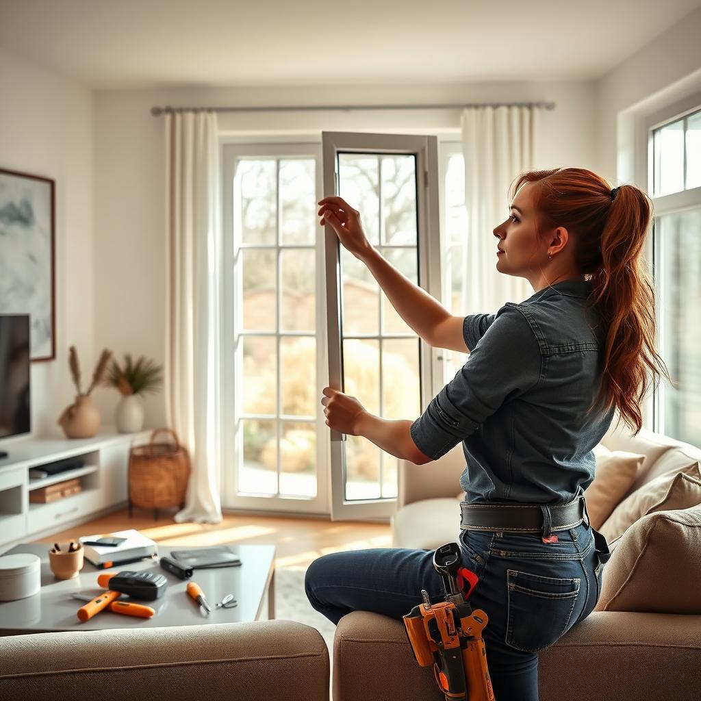 An extremely realistic photo of a female figure resembling Madison Ivy, a skilled tradeswoman, replacing a window in a bright, modern living room